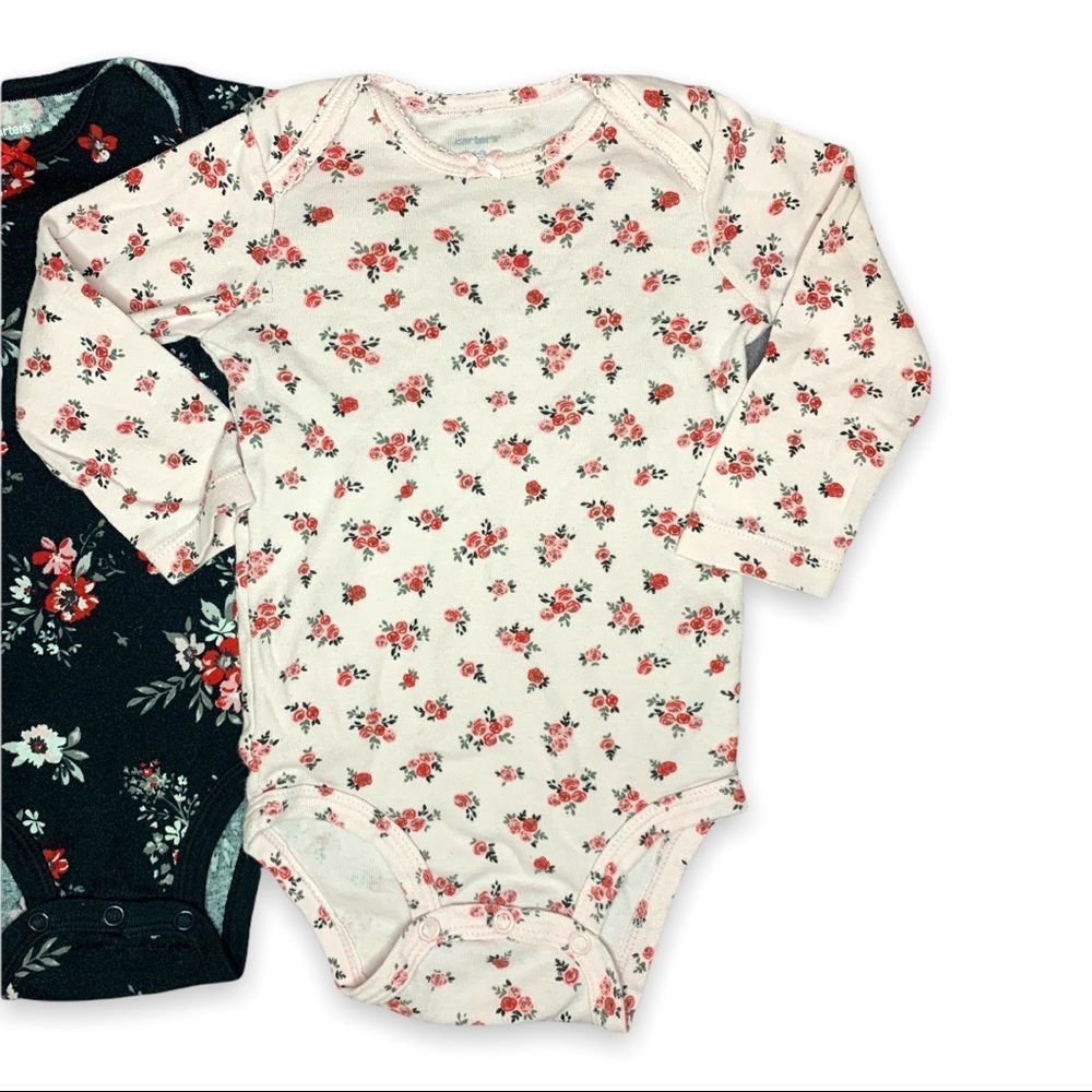 Carters 12 M Girls' Black & Pink Floral 2-Piece Long Sleeve Onesie Set Snap-Up - Picture 2 of 5